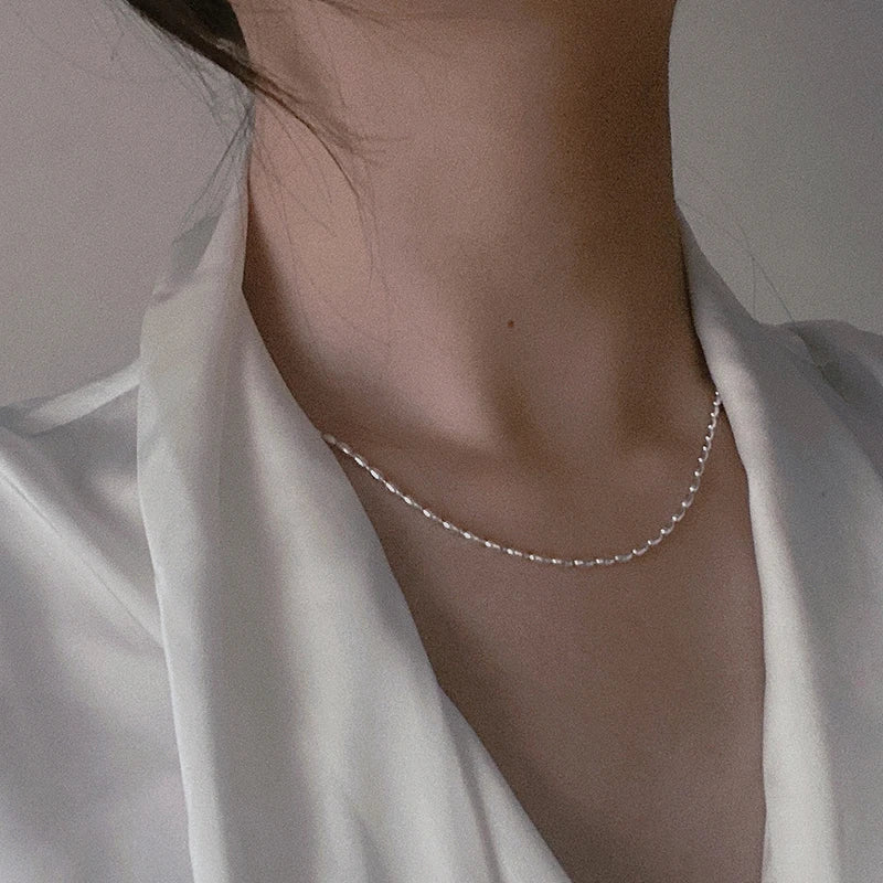 Colar de prata esterlina 925 com contas geométricas simples, gargantilha brilhante e delicada, corrente de clavícula para joalheiro de moda feminina