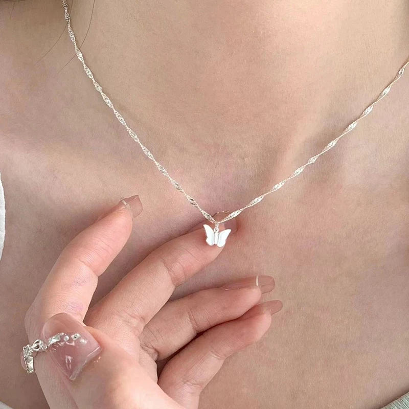 925 Sterling Silver Butterfly Necklace para mulheres, charme estilo simples, forma animal, gargantilha de pingente, presente de festa