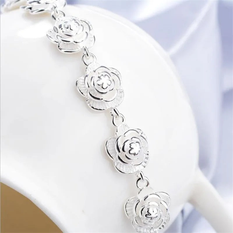 Pulseira Flores de Rosa em Prata 925